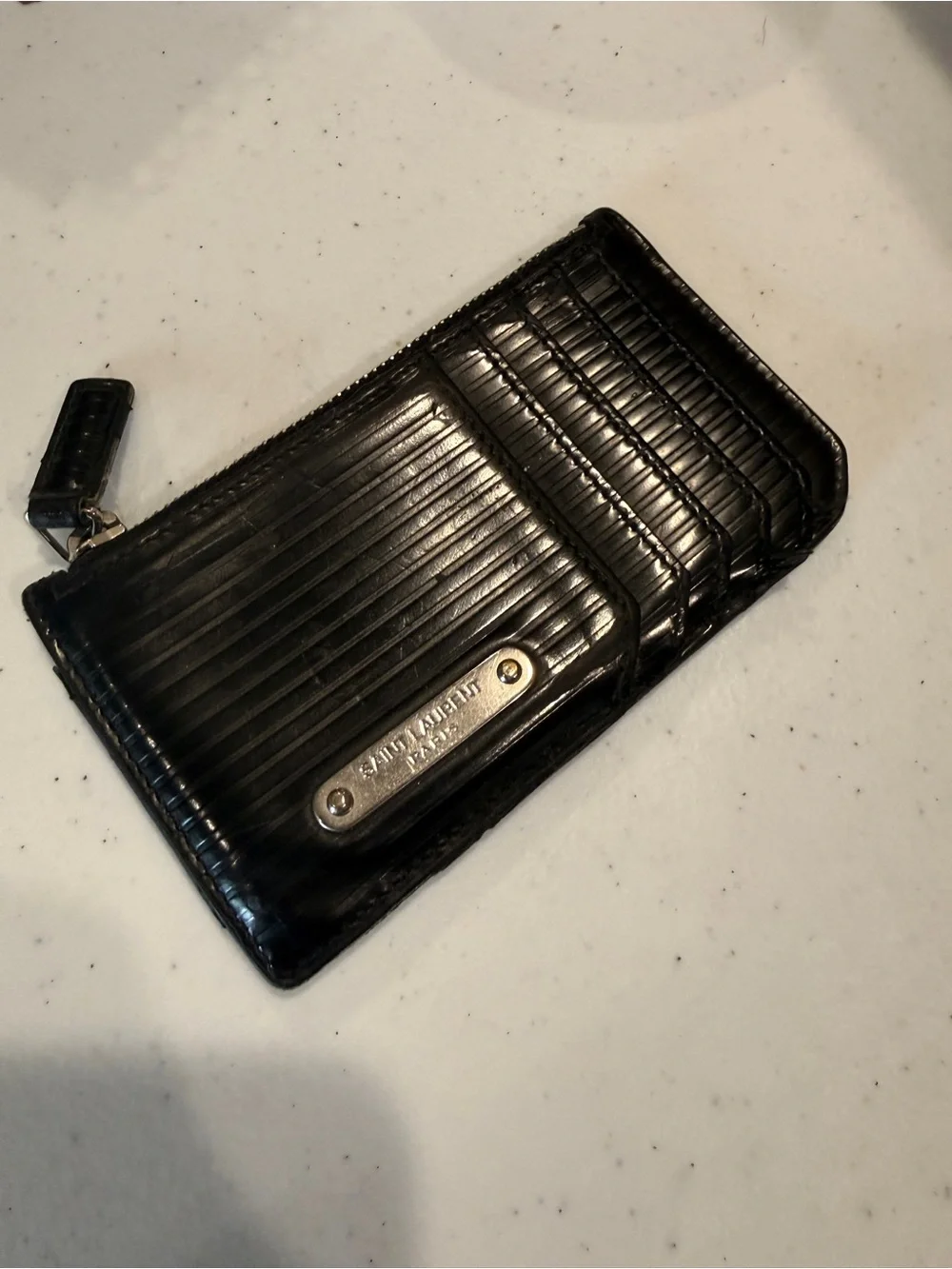 Saint Laurent Black Glossy Ridged Leather Card Case with Zip